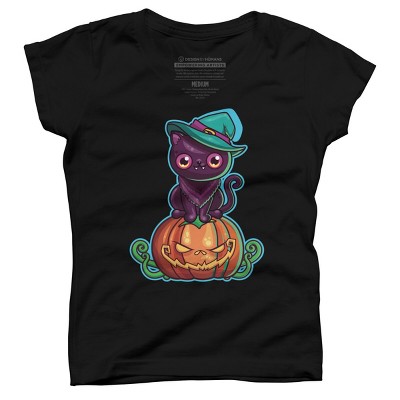 Girl's Design By Humans Ferociously Cute Halloween Vampire Witch Kitty Cat By LittleBunnySunshine T-Shirt