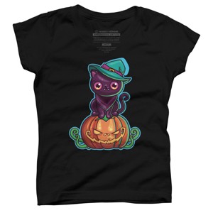 Girl's Design By Humans Ferociously Cute Halloween Vampire Witch Kitty Cat By LittleBunnySunshine T-Shirt - 1 of 2