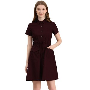 INSPIRE CHIC Women's Point Collar Front Elastic Waist Drawstring Mini Shirt Dress with Pocket - 1 of 4