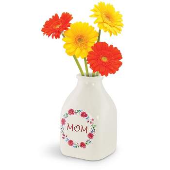 KOVOT Small Ceramic Bud Vase with Beautiful 'MOM' Floral Wreath Design