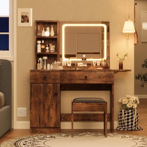 Vanity Desk with LED Lighted Mirror & Power Outlet, Makeup Vanity with Drawers & Cabinet & Chair - 1 of 4