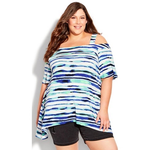 Women's Plus Size Cold Shoulder Print Tunic - Blue Stripe | Avenue : Target