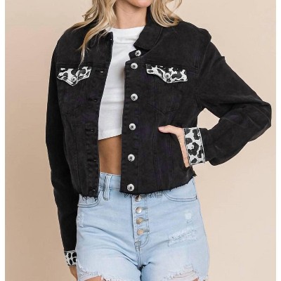 Women's Denim Paneled Leopard Print Ripped Jacket - Pretty Bash