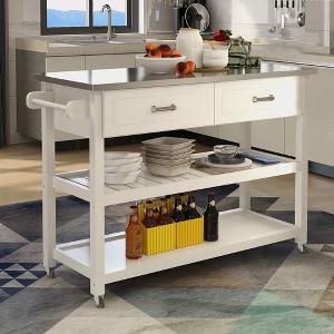 MAYEERTY White Kitchen Cart, Stainless Steel Top 2 Drawers - 1 of 4