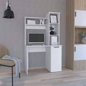 CAVINAS Modern Computer Desk with Hutch and 3-Tier Storage,25.8" Wide Office Desk w/Single Door Cabinet and Open Shelves - 1 of 4