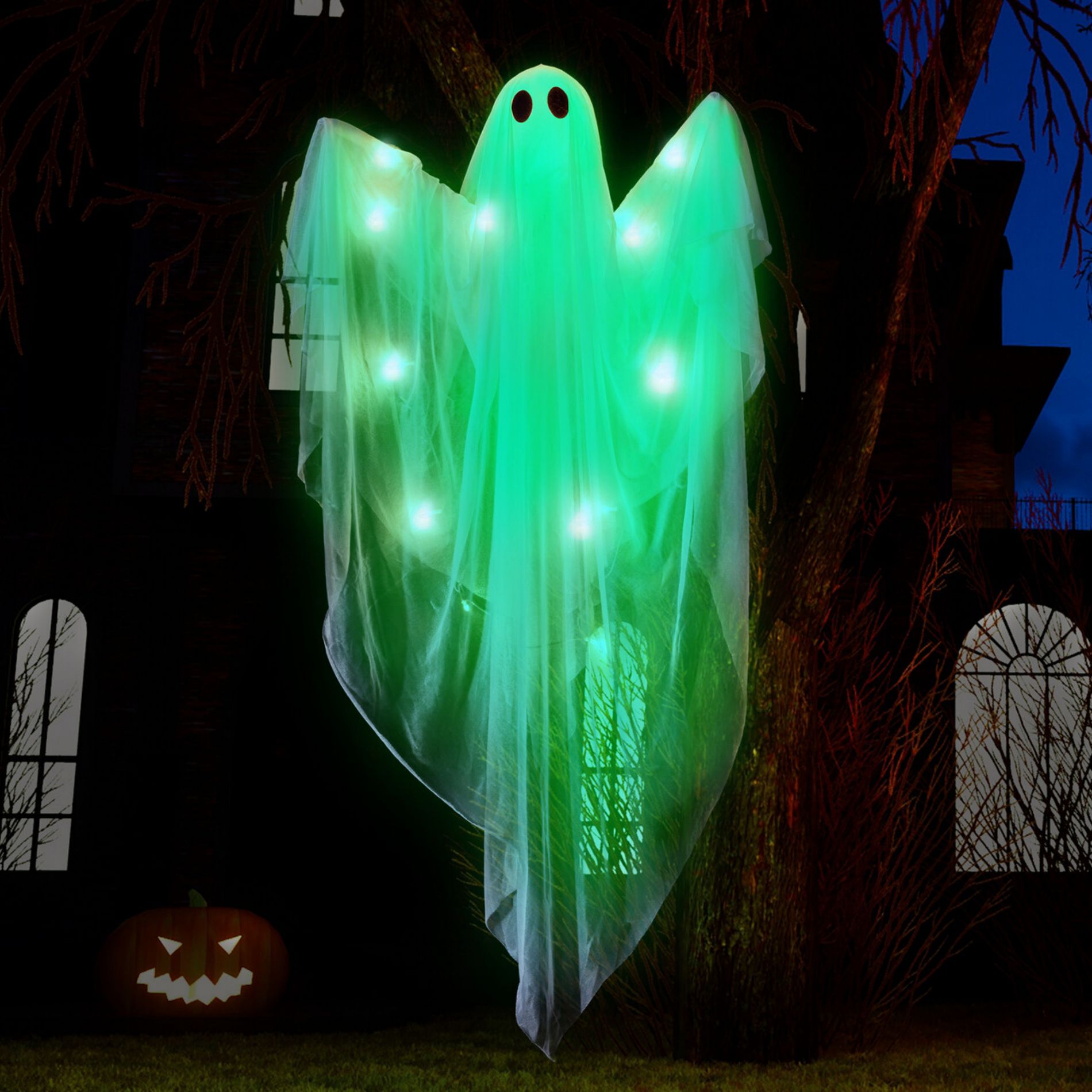 Joyfy Halloween Hanging Ghost Outdoor Decoration, 47” LED Light Hanging Ghost Halloween Decoration for Party Indoor Outdoor Yard Lawn Decor-Green