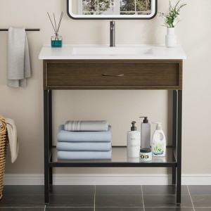 Bathroom Vanity with Resin Sink, Freestanding Modern Bathroom Cabinet Set with Metal Frame and Open Storage Glass Shelf - 1 of 4