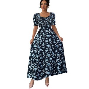 Garvee Womens Summer Ditsy Flower Maxi Dress Square Neck Short Puff Sleeve  Smocked Floral A Line Sundress French Cottage Milkmaid Dress,Black - M :  Target