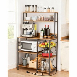 Kitchen Bakers Rack– Rustic Brown Storage Shelf with Power Outlet,4-Tier Microwave Stand & Coffee Bar Table(Includes 6 S-Hooks for Pots) - 1 of 4