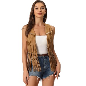 INSPIRE CHIC Women's 70s Western Open Front Faux Suede Fringe Vest - 1 of 4