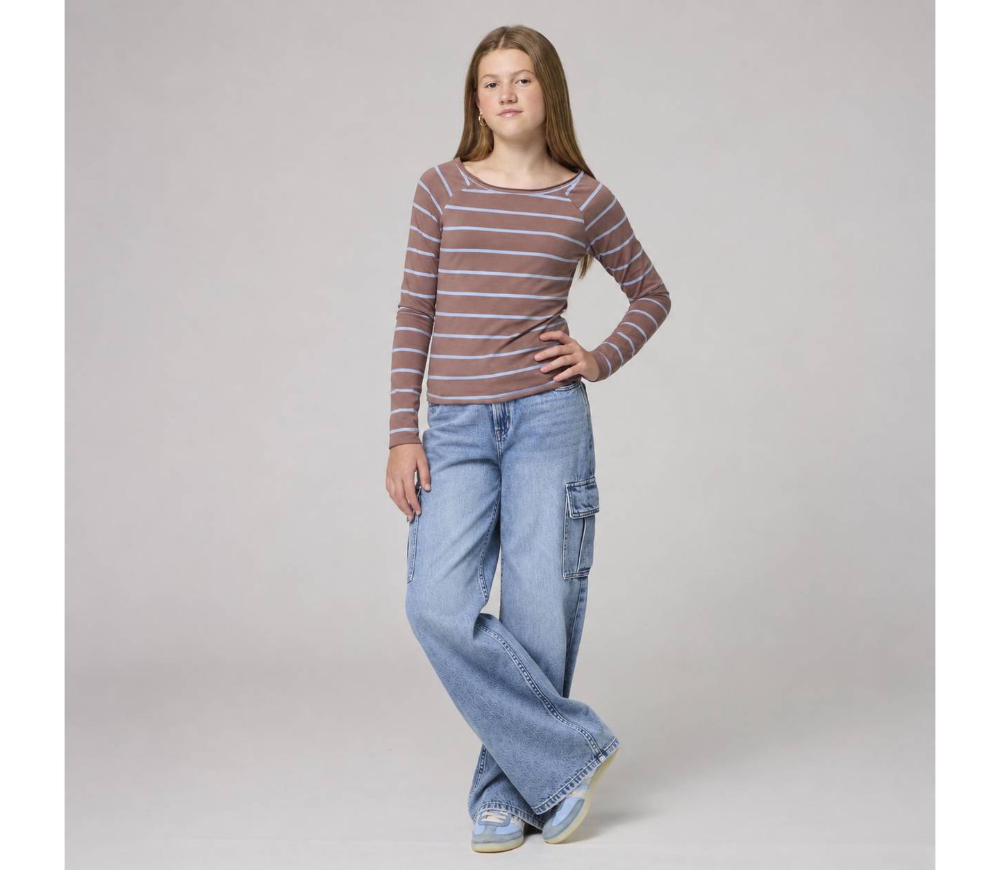 Футболка Pacsun Kids Striped Long Sleeve Boatneck Knit T-Shirt - Brown/Light Blue для девочек, цвет: Полосатый — фото 1