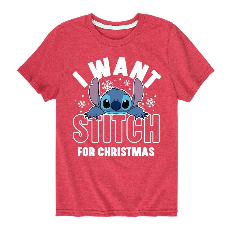 Boys' Lilo & Stitch 'I Want A Stitch For Christmas' Short Sleeve Graphic T-Shirt - Heather Red, 1 of 2