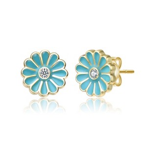 Guili Kids 14k Gold Plated Clear Cubic Zirconia Blue or Red Enamel Flower Stud Earrings Charming Floral Design for Everyday Wear and Special Occasions - 1 of 3