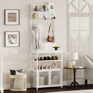 72.8" Organizador de abrigos y zapatos – Perchero blanco con puertas, 7 ganchos y diseño estrecho, ideal para entrada, dormitorio y cuarto de baño - 1 of 4
