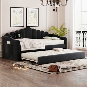 ModernLuxe Twin-size Daybed, Upholstered Platform Bed Frame with Twin Trundle Bed, Velvet Sofa Bed with USB Charging Ports - 1 of 4