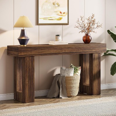 HDZNVF 63 in Long Farmhouse Console Table, Rustic Brown Rectangular Sofa Table Behind Couch, Solid Wood Grain