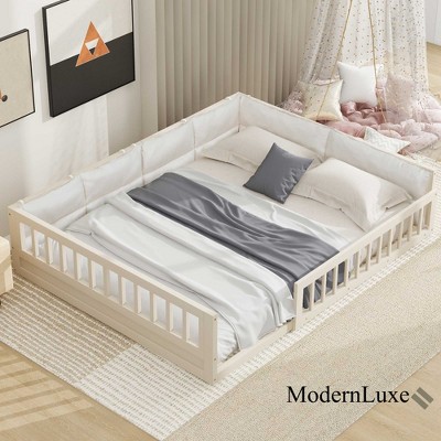 Full Size Upholstered Platform Bed Frame, Toddler Beds with Guardrail and Pillow 4W, Beige/Gray -ModernLuxe