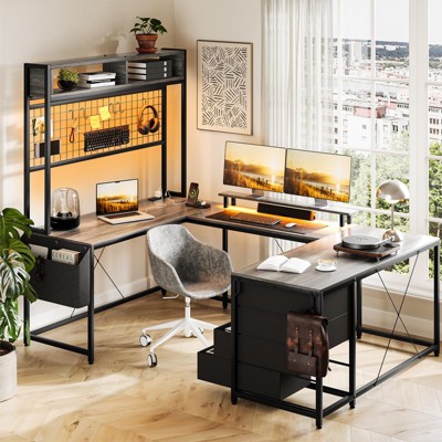 Whizmax U Shaped Desk with Monitor Stand and LED Lights, Large Corner Office Desk with 4 Drawers, U Shaped Computer Desk with Power Outlets