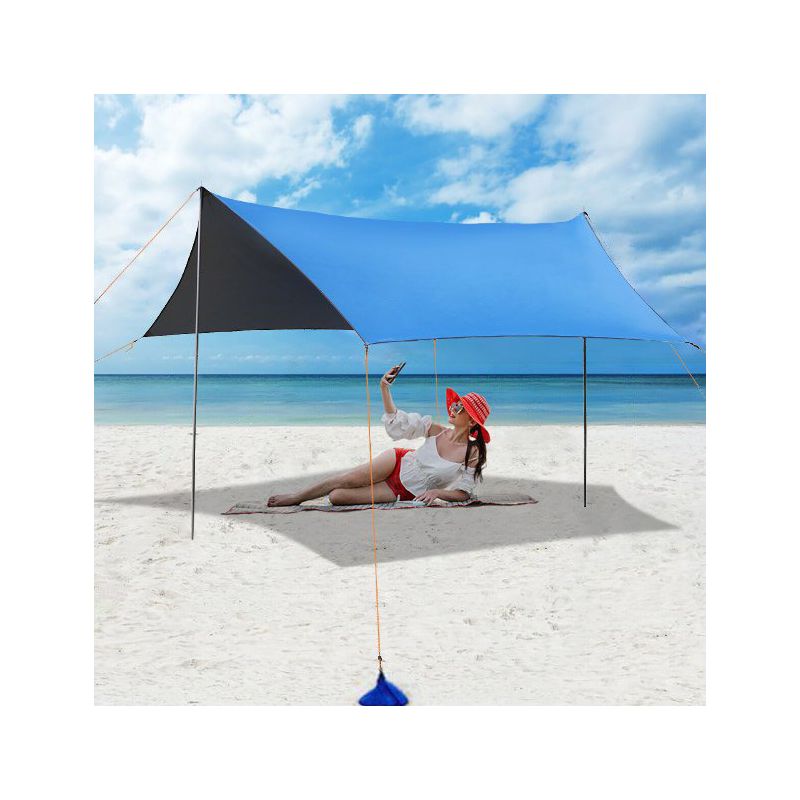 SKONYON Family Beach Tent Canopy with 6 Poles Sandbag Anchors 10x10 Portable Sun Shelter for Stability UPF50+ Blue, 3 of 9