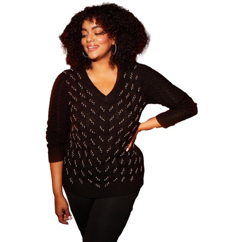 June + Vie By Roaman's Women's Plus Size Embellished Sweater, 30/32 - Black  Pearl Chevron : Target