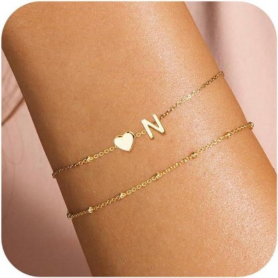 Dainty Initial Heart Gold Bracelets for Women Trendy, 14K Real Gold Letter Charm Bracelet Jewelry