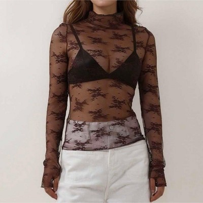 Women’s Floral Lace Slim-Fit Top – Sheer Stretch Tee with Baby Overlock Edge, Sexy & Versatile Cherie Code