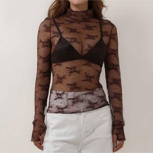 Women’s Floral Lace Slim-Fit Top – Sheer Stretch Tee with Baby Overlock Edge, Versatile Cherie Code - 1 of 4