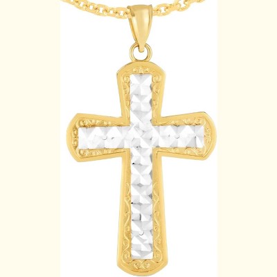 14k Yellow Gold 1.3" Diamond Cut Intricate Two-Tone Cross Charm Pendant with optional Adjustable Chain Necklace