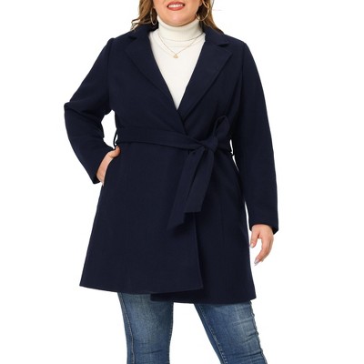 Agnes Orinda Women's Plus Size Work Tie Waist Notched Lapel Long Coat Blue  3x : Target