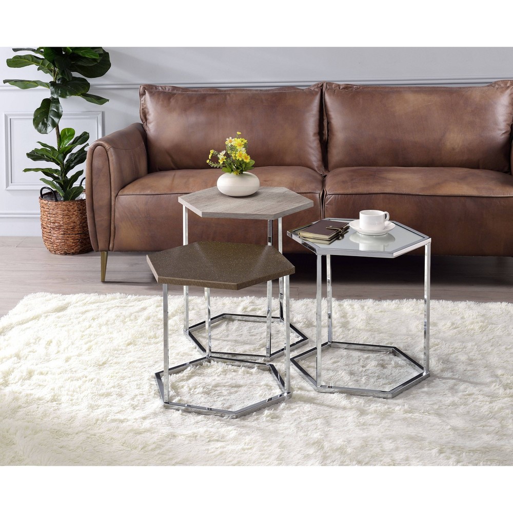 Photos - Dining Table 17" Simno Coffee Table Clear Glass, Taupe, Gray Washed and Chrome Finish 