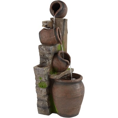 Rustic Terracotta Four-Pot Cascading Outdoor Floor Fountain with LED Light