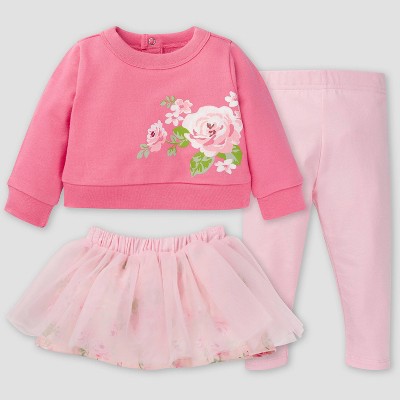 Image of Gerber Baby Girls' 3pc Roses Skirt Set - Pink 3-6M