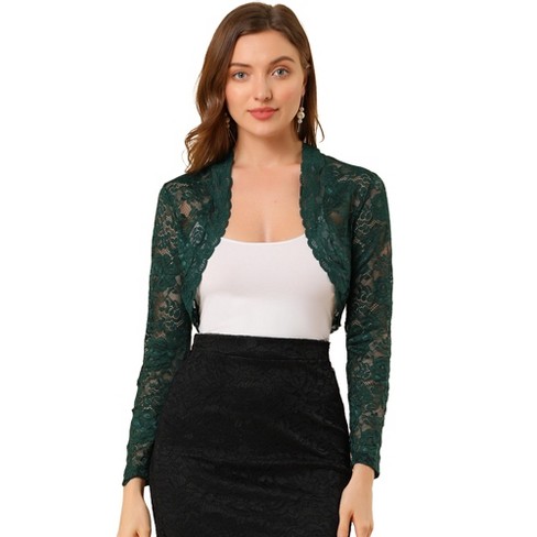 Allegra K Women s Elegant Sheer Floral Lace Crop Bolero Shrug Green X large Target