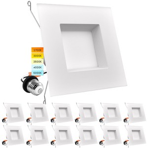 Luxrite 5/6 Inch LED Square Recessed Lighting, 14W=90W, 5CCT 2700K-5000K, Dimmable, 1100LM, Wet Rated, IC Rated, Baffle Trim 12 Pack - 1 of 4