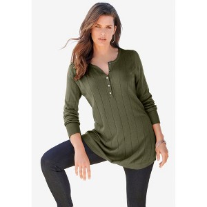 Roaman's Plus Size Drop Needle Henley Lightweight Sweater Knit - 1 of 4