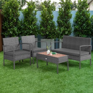 Costway 4PCS Patio Rattan Furniture Set Cushioned Chair Wooden Tabletop Gray - 1 of 4