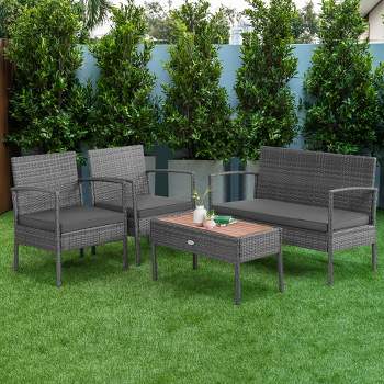 Costway 4PCS Patio Rattan Furniture Set Cushioned Chair Wooden Tabletop Gray
