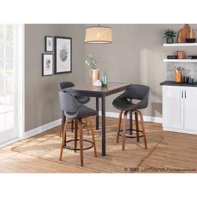 Set of 2 Flared Walnut & Metal Swivel Counter Stools in Black/Grey