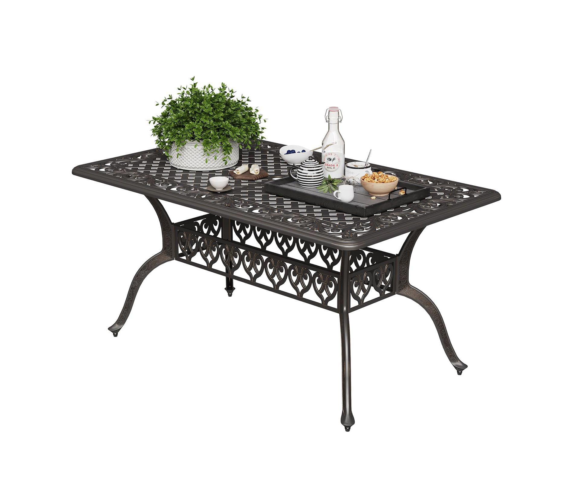 59'' Cast Aluminum Outdoor Dining Table Outdoor Patio Table for 6 Patio Dining Table with 2" Umbrella