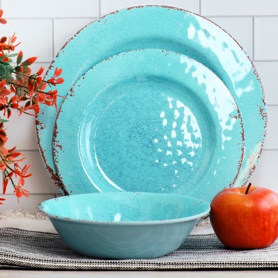 Tiffany Blue Distressed Melamine 12-Piece Dinnerware Set