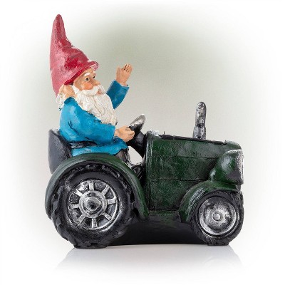 10" Green Polyresin Solar Gnome on Tractor with LED Lights