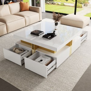 Sapphtopaz Modern Coffee Table with 4 Drawers Square Elegant Center Table with Gold Accents Living Room Tables Coffee Bar for Living Room - 1 of 4
