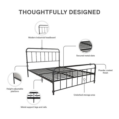 Wallace Black Metal Queen Platform Bed with Headboard and Slats