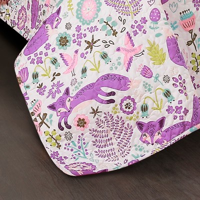 Purple and Pink Fox Print Reversible Twin Quilt Set
