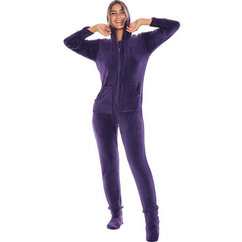 Alexander Del Rossa Women S Warm Fleece One Piece Footed Hooded Pajamas Deep Purple Medium Target