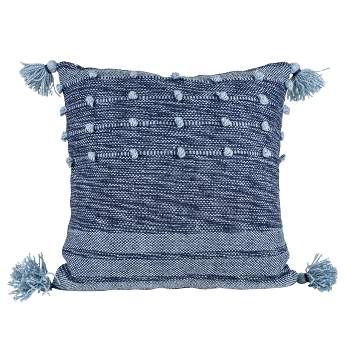 Blue with Corner Tassels 18X18 Hand Woven Filled Outdoor Pillow - Foreside Home & Garden