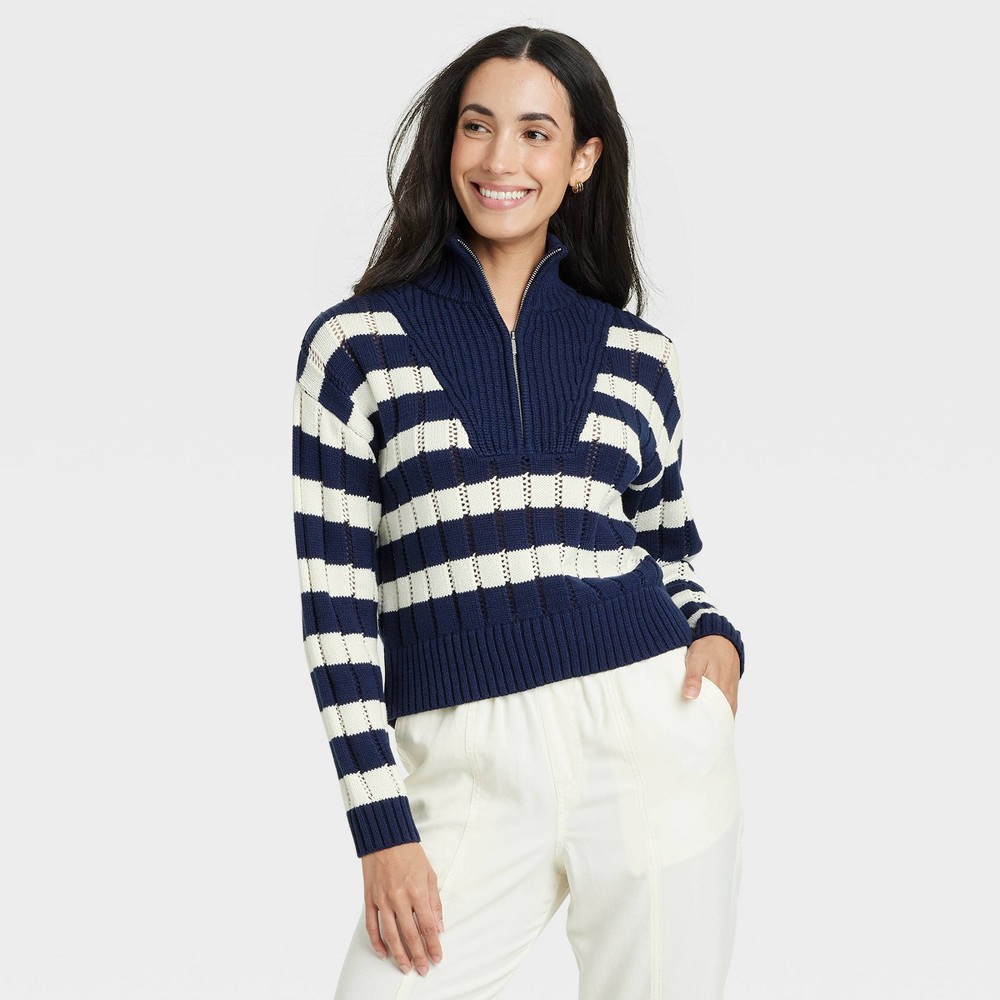 Women's Mock Turtleneck Quarter Zip Pullover Sweater - A New Day™ Navy/Cream Striped XL