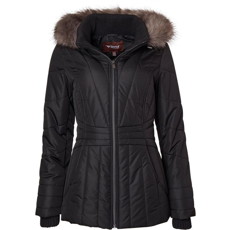 Sportoli Womens Winter Coat Faux Fur Trim Hooded Down Alternative Puffer Jacket, 1 of 5