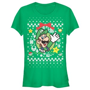 Juniors Womens Nintendo Ugly Christmas Luigi Wreath T-Shirt - 1 of 3