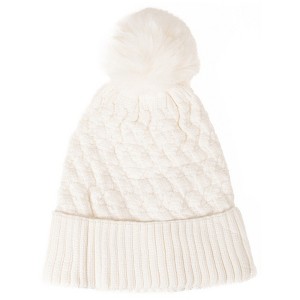 Women's Solid Color 100% polyester Cable Knit Hat with pom - 1 of 3